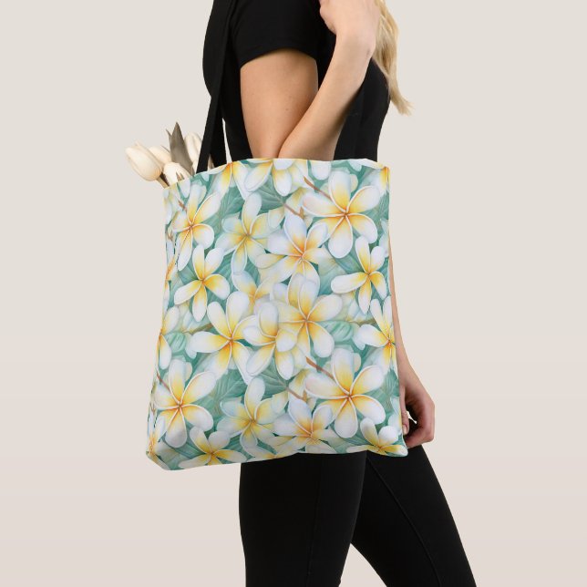 White & Yellow Frangipani All-Over-Print Tote Bag (Close Up)