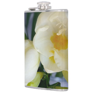 white yellow freesia hip flask