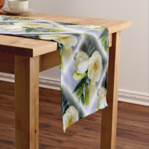 white yellow freesia short table runner