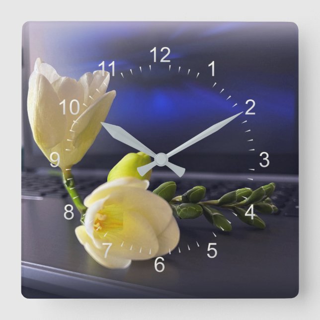 White yellow freesia square wall clock (Front)