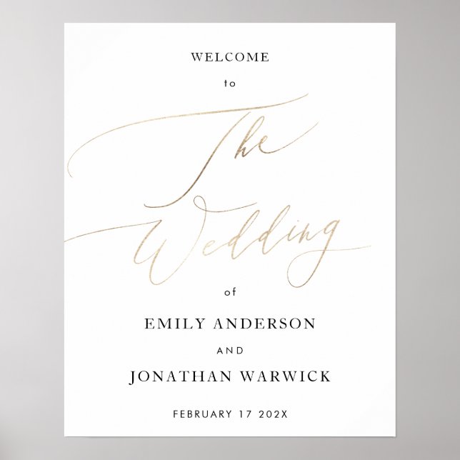 White Yellow Gold Calligraphy Simple Wedding Poster (Front)
