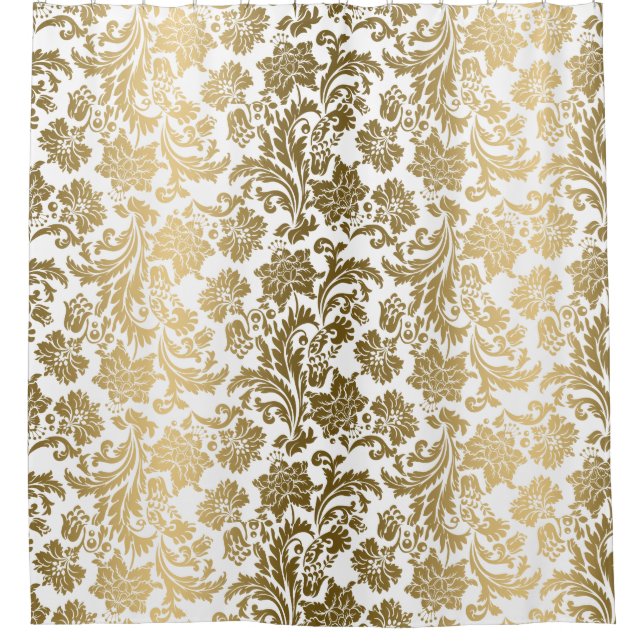 White & Yellow Gold Floral Damasks Pattern Shower Curtain (Front)