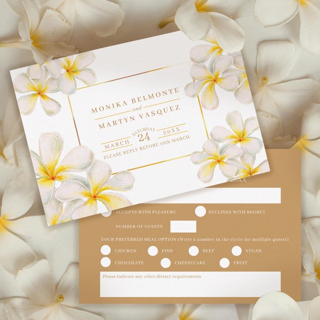 White yellow gold frangipani wedding watercolor RSVP card (Creator Uploaded)