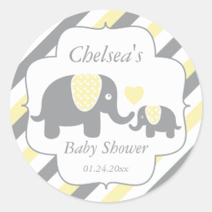 White, Yellow & Grey Stripe Elephants Baby Shower Classic Round Sticker