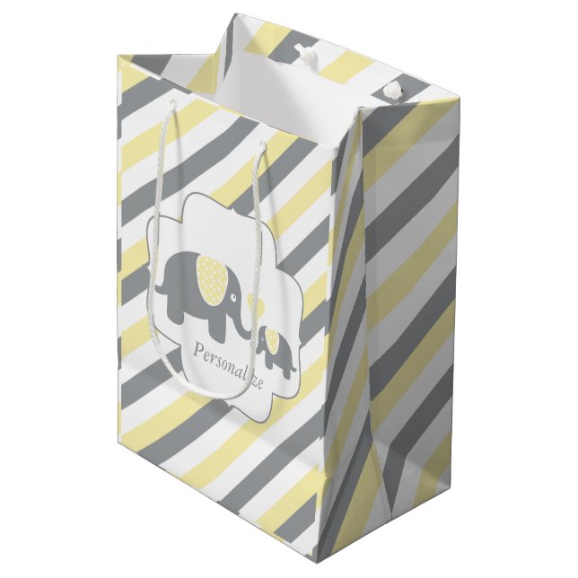 White, Yellow & Grey Stripe Elephants Baby Shower Medium Gift Bag (Front Angled)