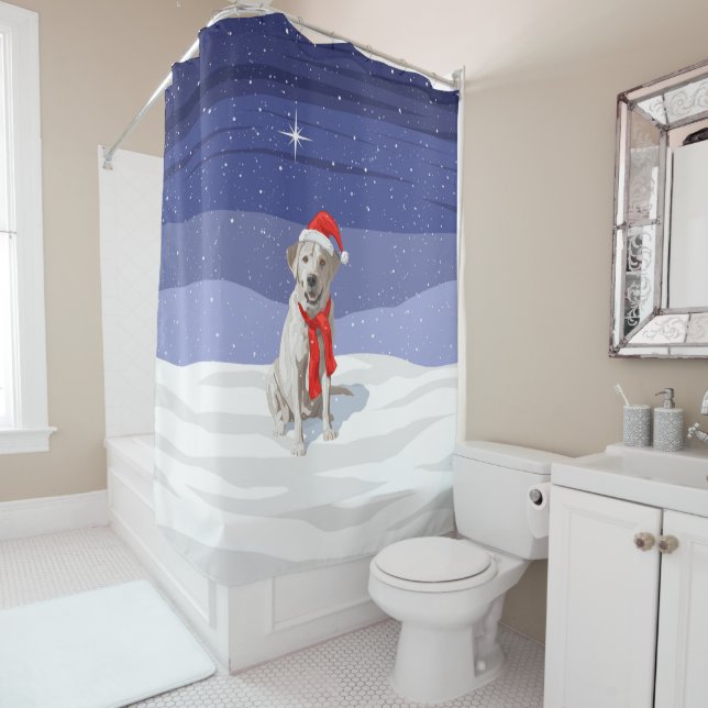 White Yellow Labrador Retriever in Santa Hat Shower Curtain (In Situ)