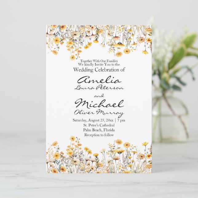 White Yellow Meadow Wildflowers Wedding  Invitation (Standing Front)