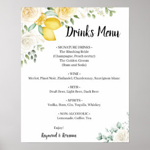 White & Yellow Roses Drinks Menu Wedding Sign