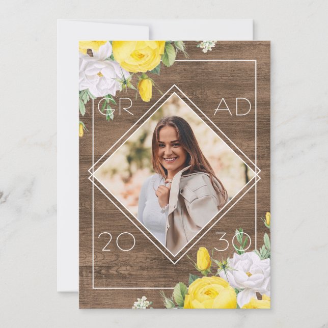White Yellow Roses Floral Boho Rustic Graduation Announcement (Front)