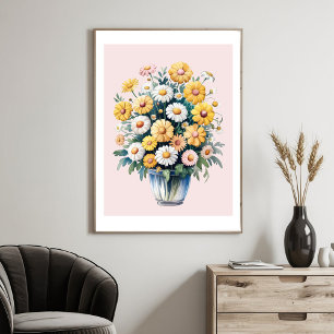 White yellow watercolor daisy bouquet              poster