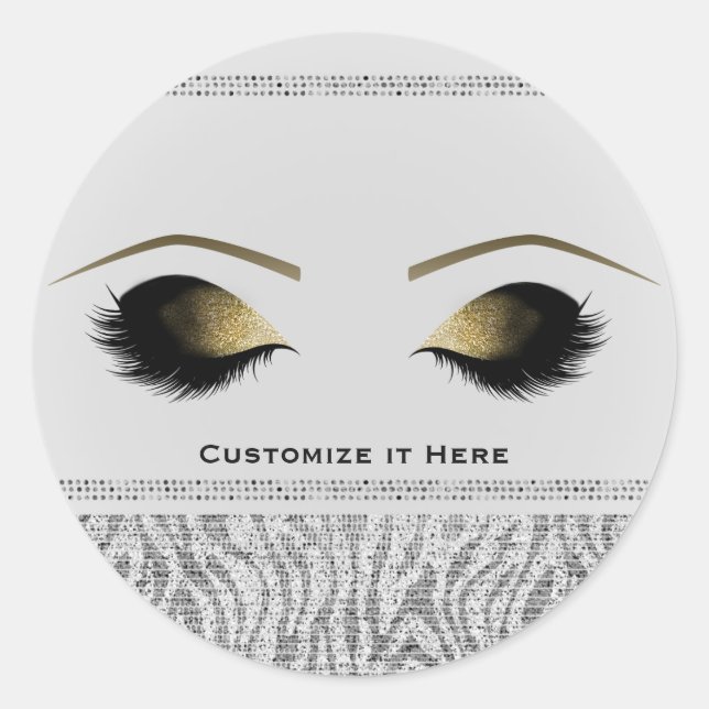White Zebra Gold Makeup Eyelashes Glam Custom Classic Round Sticker (Front)
