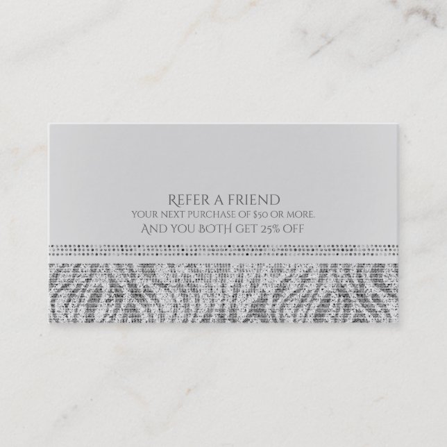 White Zebra Sparkle Sequins Glam Refer a Friend Referral Card (Front)