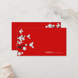 White Zen Sakura Cherry Blossoms Red Asian Wedding Place Card