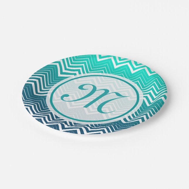 White Zigzag Chevron And Blue Green  Background Paper Plate (Angled)