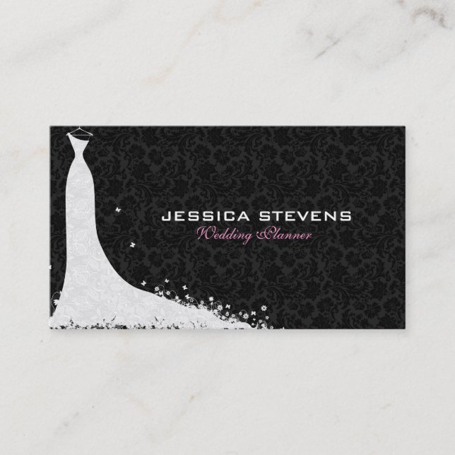 WhiteLace Wedding Dress On Black Business Card (Front)