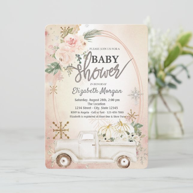 WhitePumpkin Truck,Roses,Snowflakes Baby Shower  Invitation (Standing Front)