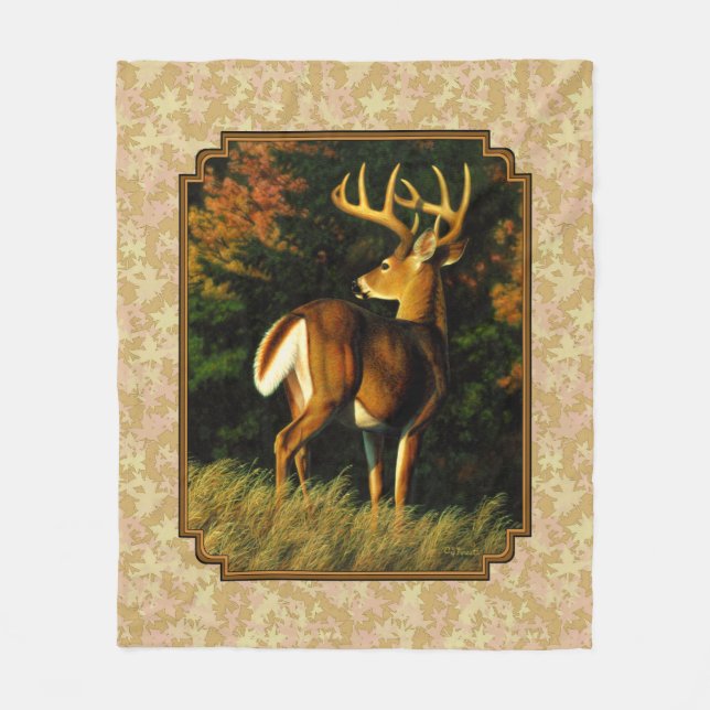 Whitetail Buck Autumn Leaves Fleece Blanket (Front)