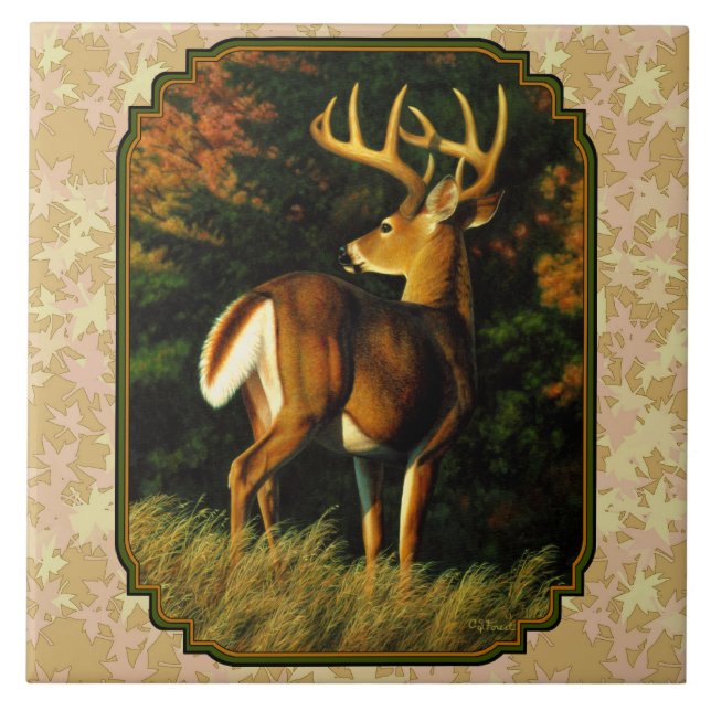 Whitetail Buck Autumn Leaves Tile (Front)