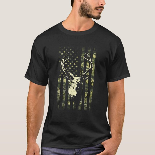 Whitetail Buck Deer Hunting American Flag Camoufla T-Shirt (Front)