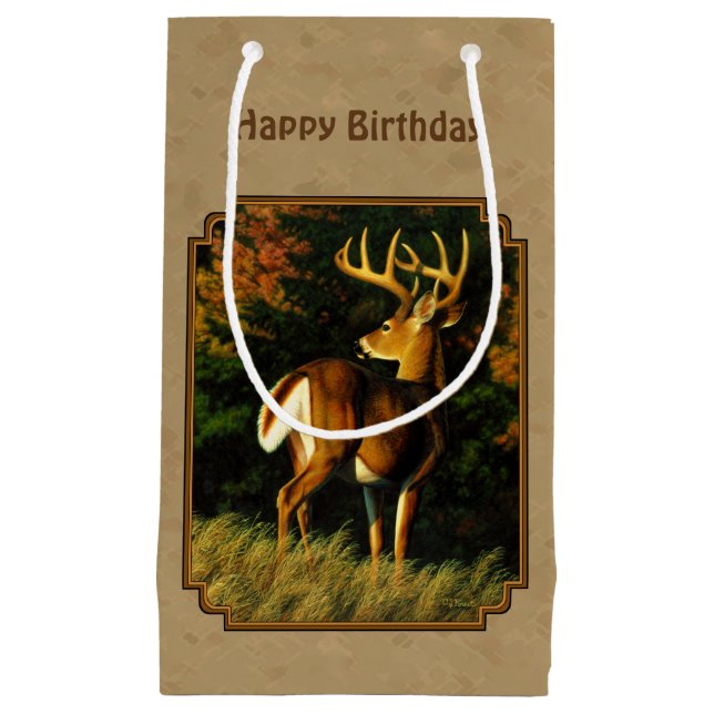 Whitetail Buck Deer Hunting Tan Small Gift Bag (Front)