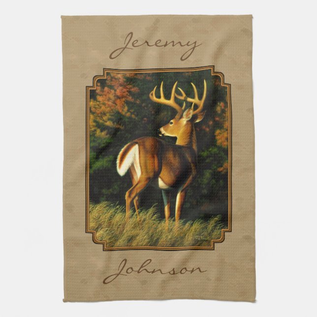 Whitetail Buck Deer Hunting Tan Tea Towel (Vertical)