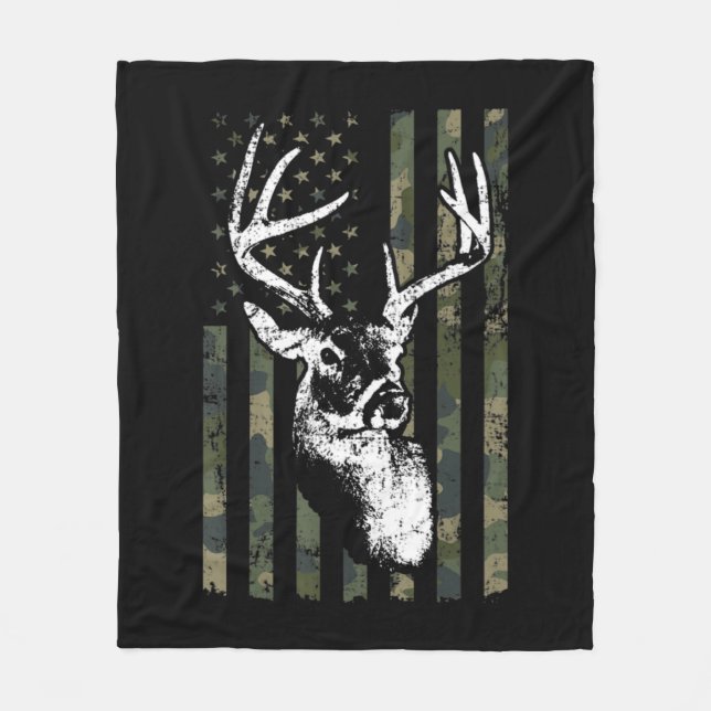 Whitetail Buck Deer Hunting USA Camouflage America Fleece Blanket (Front)