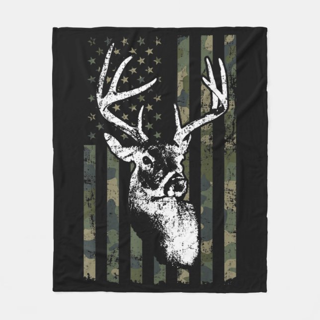 Whitetail Buck Deer Hunting USA Camouflage America Fleece Blanket (Front)