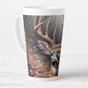 Whitetail Buck Deer Peeking Through Forest Foliage Latte Mug