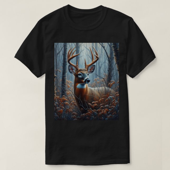 Whitetail Buck in Forest Trees T-Shirt (Design Front)