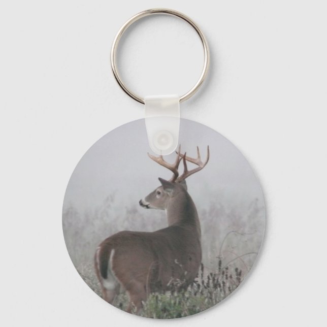 Whitetail Buck in morning fog Key Ring (Front)