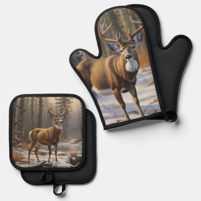 Whitetail Buck Oven Mitt & Pot Holder Set (Front/Back)