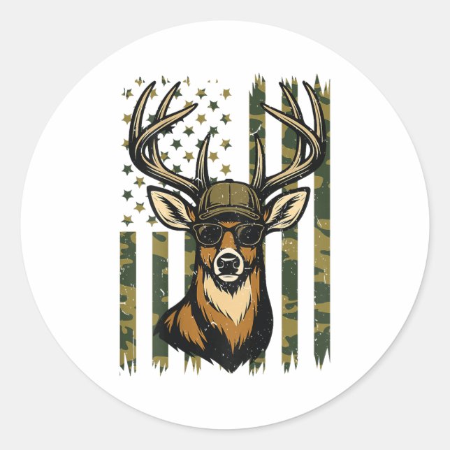 Whitetail Buck Youth Boy Deer Hunting Camo America Classic Round Sticker (Front)