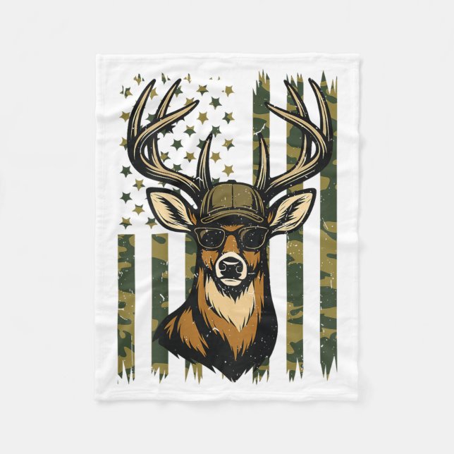 Whitetail Buck Youth Boy Deer Hunting Camo America Fleece Blanket (Front)