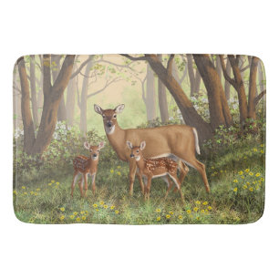 Whitetail Deer and Cute Twin Fawns In Spring Bath Mat
