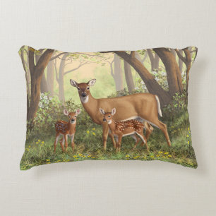 Whitetail Deer and Cute Twin Fawns In Spring Decorative Cushion
