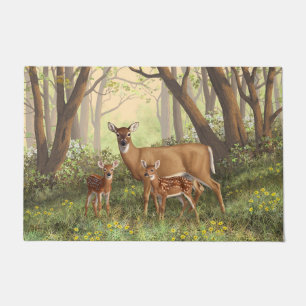 Whitetail Deer and Cute Twin Fawns In Spring Doormat