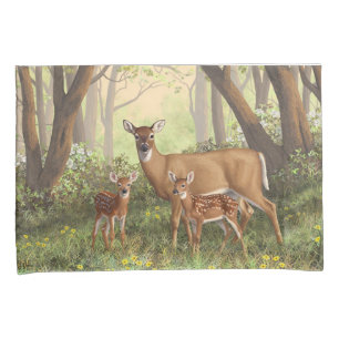 Whitetail Deer and Cute Twin Fawns In Spring Pillowcase