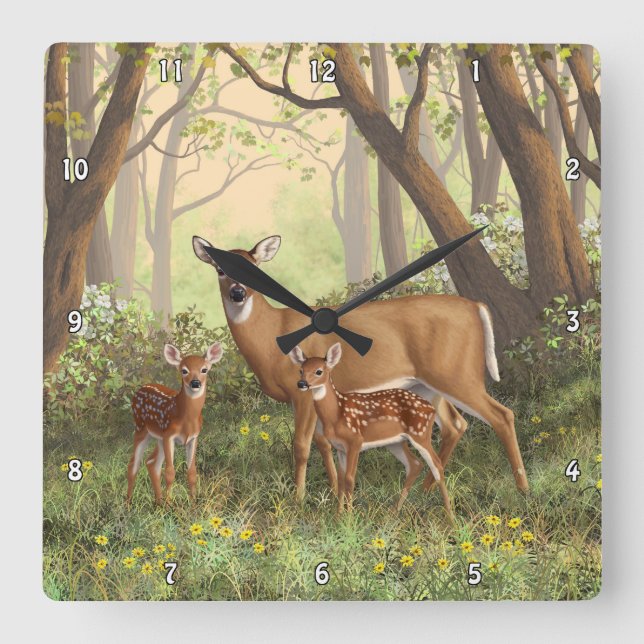 Whitetail Deer and Cute Twin Fawns In Spring Square Wall Clock (Front)