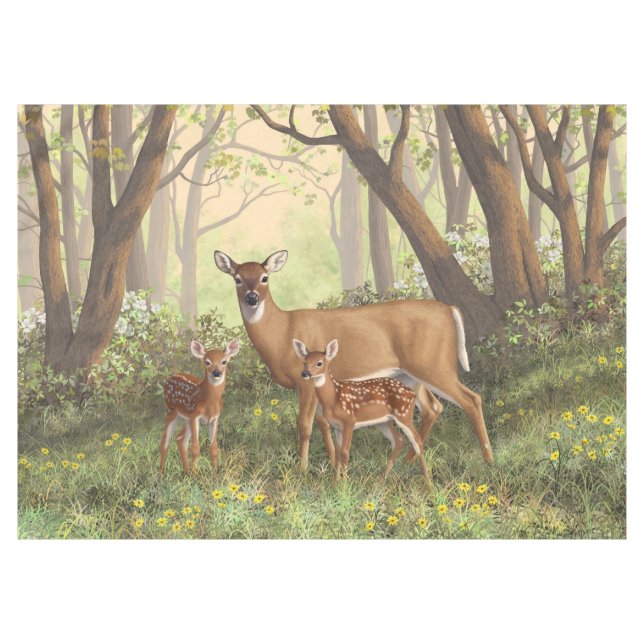 Whitetail Deer and Cute Twin Fawns In Spring Tablecloth (Front (Horizontal))
