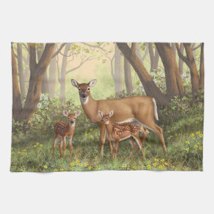 Whitetail Deer and Cute Twin Fawns In Spring Tea Towel