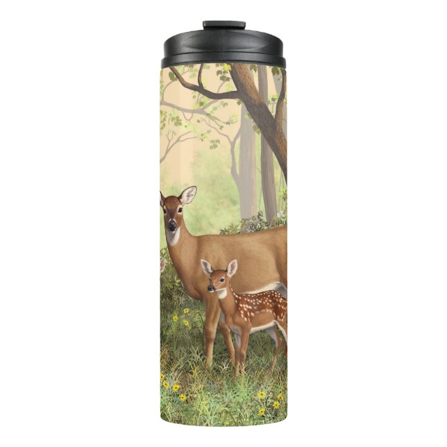 Whitetail Deer and Cute Twin Fawns In Spring Thermal Tumbler (Front)