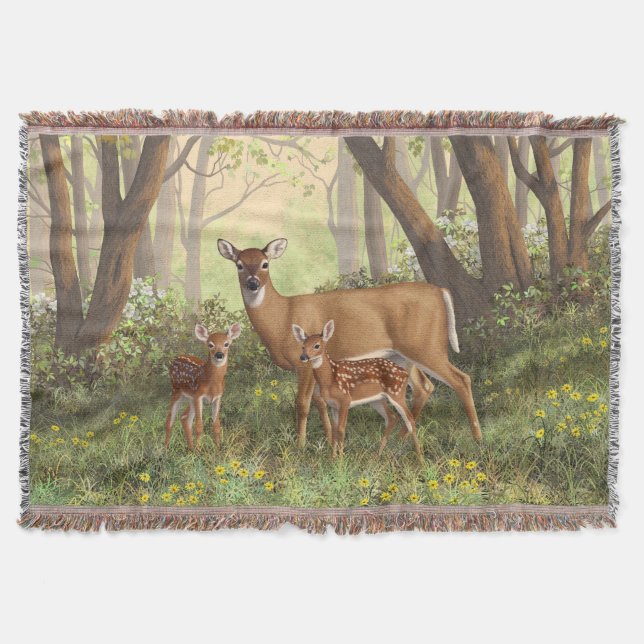 Whitetail Deer and Cute Twin Fawns In Spring Throw Blanket (Front)