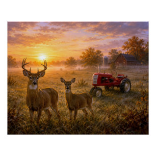 Whitetail Deer and Red Vintage Tractor Poster