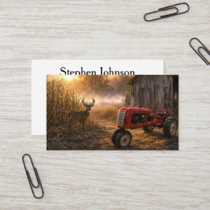 Whitetail Deer and Vintage Tractor in Morning Mist Business Card