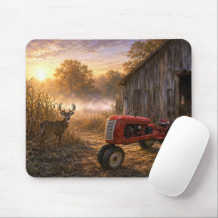 Whitetail Deer and Vintage Tractor in Morning Mist Mouse Mat