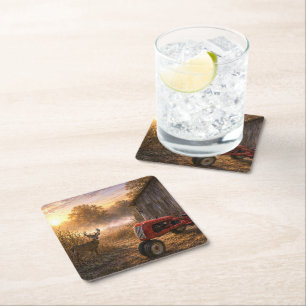 Whitetail Deer and Vintage Tractor in Morning Mist Square Paper Coaster