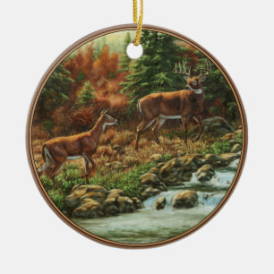Whitetail Deer and Waterfall Ceramic Tree Decoration