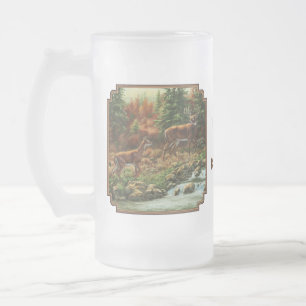 Whitetail Deer and Waterfall Frosted Glass Beer Mug