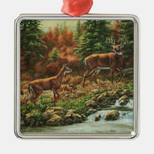 Whitetail Deer and Waterfall Metal Tree Decoration