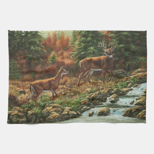 Whitetail Deer and Waterfall Tea Towel (Horizontal)